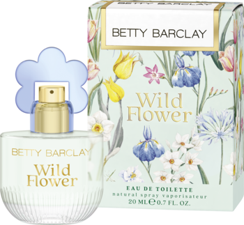 Betty Barclay Wild Flower woda toaletowa, butelka z niebieskim korkiem kwiatu i kwieciste pudełko obok.