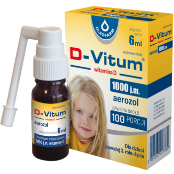 D-Vitum witamina D aerozol 1000 I.U. w brązowej buteleczce i żółtym kartoniku z dziewczynką, widok z przodu.