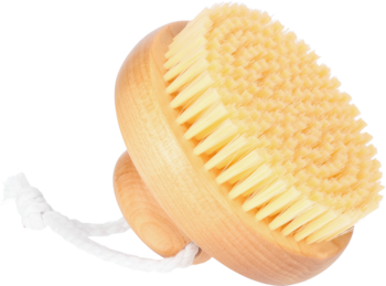 Owalna szczotka For Your Beauty do masażu limfatycznego z jasnego drewna, syntetyczne włosie, widok pod kątem.