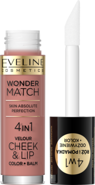 Eveline Wonder Match 4w1 Velour Cheek & Lip Color Balm, różowo-brzoskwiniowy płyn w butelce, z aplikatorem i czarną zakrętką.