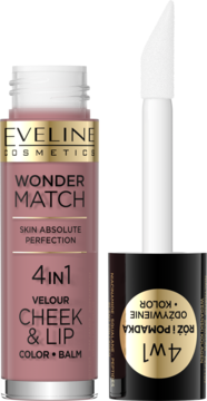 Różowo-brązowy Eveline Wonder Match 4w1 Velour Cheek & Lip Color+Balm w przezroczystej tubce z aplikatorem.