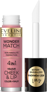 Eveline Wonder Match 4w1 Velour Cheek & Lip Color + Balm, różowa tubka, aplikator widoczny na białym tle.