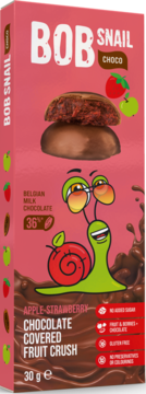 BOB SNAIL CHOCO Apple-Strawberry, owocowy przysmak w mlecznej czekoladzie, różowe opakowanie z wesołym ślimakiem.