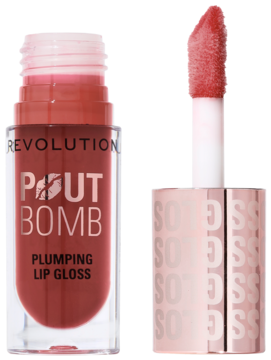 Koloryzujący błyszczyk Revolution Pout Bomb Plumping Gloss Cookie, otwarty, z aplikatorem obok.