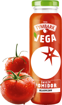 Tymbark Vega Klasyczny sok pomidorowy w szklanej butelce z czerwoną etykietą. Obok świeże pomidory, źródło potasu.