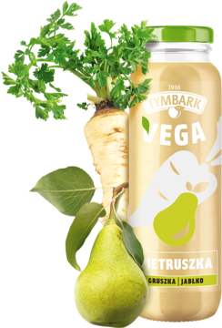 Sok Tymbark VEGA wieloowocowy z pietruszką w jasnej butelce, obok świeża pietruszka i zielona gruszka.