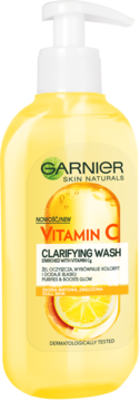 Żółty żel do twarzy Garnier Vitamin C Clarifying Wash z pompką, z grafiką cytryny, widok z przodu.