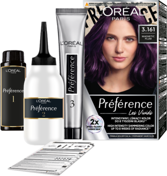 Zestaw farb L'Oréal Preference Magnetic Plum 3.161 do włosów, z pudełkiem, butelkami, tubką i ulotką obok.