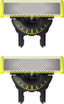 Dwa nowe ostrza Philips OneBlade 360, żółto-szare wkłady do golarki, widok z przodu. Precyzyjne, innowacyjne.