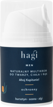 Hagi MEN Naturalny Multikrem Ahoj Kapitanie! ochronny, w ciemnoniebieskiej butelce z białą pompką.