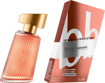 Bruno Banani Magnetic Woman Eau de Parfum, złoto-czerwona ryflowana butelka i pudełko z logo bb, widok pod kątem.