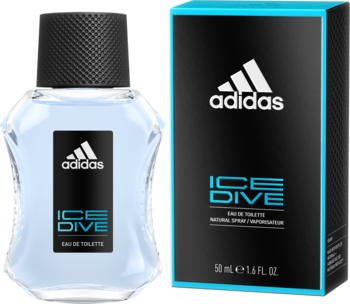 Adidas Ice Dive EDT, przezroczysta butelka z niebieskim płynem i czarne opakowanie z logo Adidas, widok z przodu.