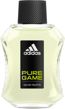 Męska woda toaletowa Adidas Pure Game, butelka z czarną etykietą i nakrętką, widok z przodu.