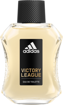 Adidas Victory League męska woda toaletowa w przezroczystym flakonie z żółtym płynem, czarną etykietą i nakrętką.