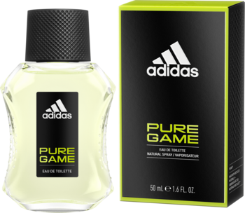 Adidas Pure Game EDT dla mężczyzn: przezroczysta butelka z żółtym płynem i czarną etykietą, obok czarnego pudełka z zielonymi akcentami.