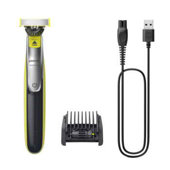 Golarka Philips OneBlade 360 z nasadką do przycinania i kablem USB, widok z przodu na czarnym tle.