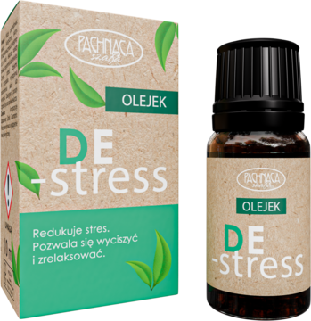 Olejek De-Stress w brązowej butelce i pudełku z zielonymi liśćmi, do redukcji stresu, widok z przodu.