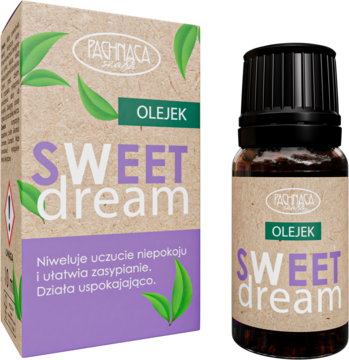 Olejek Sweet Dream do snu i relaksu, w ekologicznym pudełku i ciemnej szklanej butelce, widok z przodu.