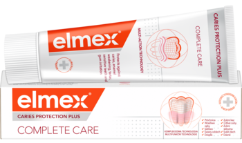 Pasta elmex Caries Protection Plus Complete Care: biała tubka z czerwonym logo nad białym pudełkiem, widok z przodu.