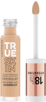 Korektor nawilżający Catrice True Skin High Cover, beżowy, otwarty z aplikatorem, matowe wykończenie.