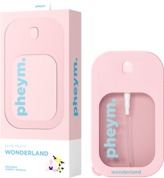 Różowe perfumy Pheym Wonderland EDT w podróżnej butelce z atomizerem obok pasującego opakowania kartonowego.