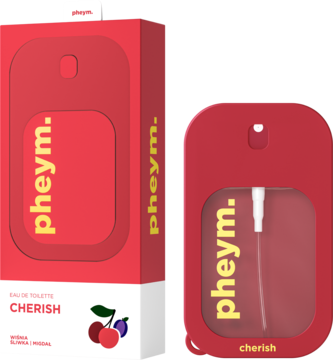 Czerwony Pheym Cherish eau de toilette w płaskiej, gumowej butelce z atomizerem, obok pudełka z nutami wiśni.
