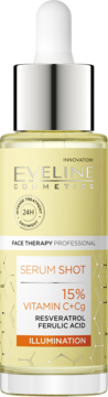 Eveline Serum Shot 15% Vitamin C+Cg, rozświetlające serum w żółtej butelce z pipetą, widok z przodu.