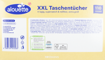 Tył jasnego opakowania chusteczek higienicznych alouette XXL, 110 sztuk, 4-warstwowych, z opisem i certyfikatami.
