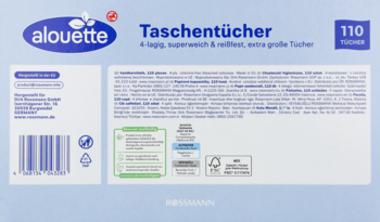 Tył opakowania chusteczek higienicznych Alouette 110 sztuk, 4-warstwowych, niebiesko-białe, z kodem kreskowym.