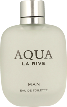 Matowa butelka La Rive Aqua Man woda toaletowa, jasna z srebrną zakrętką, widoczny napis, ujęcie z przodu.