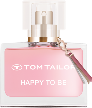 Perfumy Tom Tailor Happy To Be EDP w różowej butelce, z przezroczystym korkiem i ozdobnym chwościkiem.