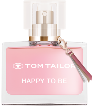 Tom Tailor Happy To Be woda perfumowana, widok z przodu. Przejrzysta butelka z różowym płynem i chwościkiem.