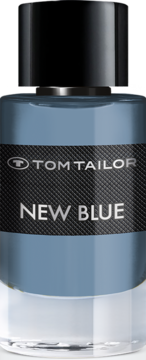 Tom Tailor New Blue woda toaletowa, elegancka szaro-niebieska butelka z teksturowaną czarną etykietą, widok z przodu.