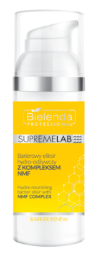 Bielenda Supremelab Barrier Renew eliksir w białej butelce z pompką, żółta etykieta, widok z przodu.