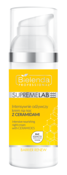 Bielenda Supremelab krem na noc z ceramidami, biała butelka z żółtą etykietą i srebrną pompką, widok z przodu.