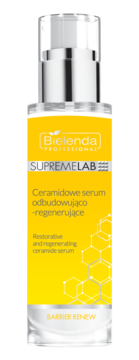 Bielenda Supremelab Barrier Renew Ceramidowe serum odbudowujące w żółtej butelce z srebrnym pompką, widok z przodu.