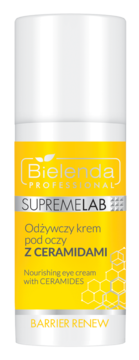 Bielenda Supremelab Barrier Renew, krem pod oczy z ceramidami w biało-żółtej butelce, widok z przodu.