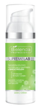 Bielenda Supremelab Sebió Derm krem normalizujący z Bakuchiolem, biała butelka z zieloną etykietą, widok z przodu.