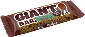 Baton zbożowy GIANT BAR ma baker, pecan flapjack, w brązowym opakowaniu, widok z przodu pod kątem.