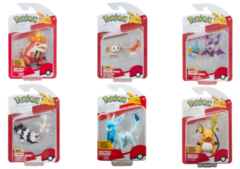 Sześć różnych figurek Pokemon Battle Figure w indywidualnych, czerwono-białych opakowaniach blister, widok z przodu.