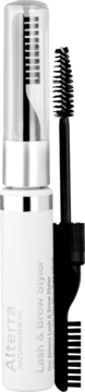 Biały Alterra Lash & Brow Styler z srebrnym wykończeniem, z wyciągniętą dwustronną szczoteczką do rzęs i brwi.