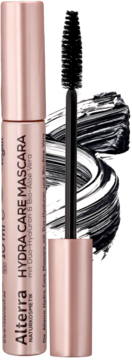 Alterra Hydra Care Mascara, różowo-złota tuba, wyjęta czarna szczoteczka i smugi tuszu obok.