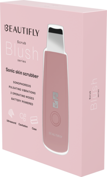BEAUTIFLY Blush peeling kawitacyjny, różowy, w pudełku. Kawitacja, ultradźwięki. Widok z przodu i z boku.