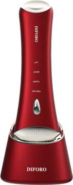 Czerwony ultradźwiękowy peeling kawitacyjny Diforo Rives w bazie ładującej UV, widok z przodu. Tryby LIFT, MOIST, CLEAN, PEELING.