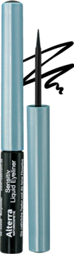 Alterra Sensitiv Liquid Eyeliner 01 Black. Dwa ujęcia: tubka zamknięta i otwarta z precyzyjnym aplikatorem.