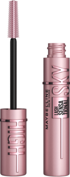 Maybelline Lash Sensational Sky High tusz do rzęs. Różowe opakowanie, otwarty z aplikatorem i napisem SKY HIGH.
