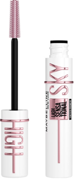 Maybelline Sky High Lash Sensational mascara: biała tuba otwarta z różową szczoteczką i zamknięta.