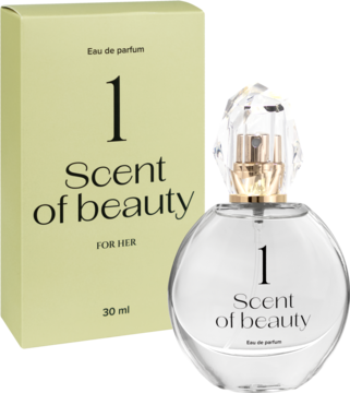 Scent of beauty N°1, woda perfumowana dla kobiet w okrągłej butelce i beżowym pudełku, z przodu.