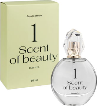 Scent of beauty 1 woda perfumowana dla kobiet 50 ml. Okrągła butelka obok jasnozielonego pudełka.