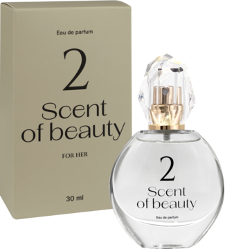 Scent of beauty N°2, woda perfumowana dla kobiet. Przezroczysta butelka i beżowe pudełko, widok z przodu.